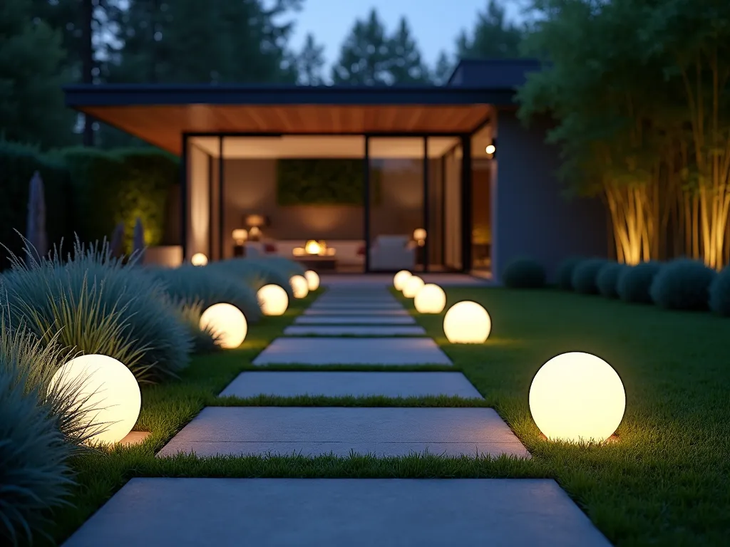 Modern Garden Path with Floating Orb Lights at Dusk - A mesmerizing twilight photograph of a contemporary garden path lined with ethereal glowing sphere lights that appear to float 12 inches above ground. The perfectly manicured path is made of large charcoal-colored concrete pavers with thin grass strips between them, creating a geometric pattern. The orb lights emit a warm white glow, casting gentle shadows on the surrounding landscape. Modern ornamental grasses like Japanese Forest Grass and Blue Fescue sway softly along the path edges, while architectural Bamboo creates a dramatic backdrop. Shot from a low angle at dusk with shallow depth of field, capturing the magical atmosphere as the floating orbs lead towards a sleek modern patio in the background. The scene is captured with careful attention to the interplay of natural and artificial light, creating a dreamy, contemporary garden atmosphere.