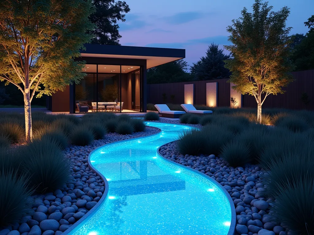 Magical Glowing Garden Path at Twilight - A serene twilight photograph of a modern garden path made from luminescent blue-tinted resin and smooth river rocks, gently curving through a contemporary landscape. The path emanates a soft, ethereal azure glow against the deepening purple sky, creating a mesmerizing contrast with surrounding ornamental grasses. Low-voltage landscape lighting illuminates architectural plants along the edges, while Japanese maple trees cast delicate shadows. Shot with a wide-angle lens at dusk, capturing both the path's otherworldly glow and the natural transition from day to night. The composition includes modern concrete planters and minimalist garden furniture in the background, establishing scale and context. The phosphorescent aggregate in the resin creates a pattern of twinkling points of light, like stars embedded in the pathway. 8K resolution, professional architectural photography, dramatic lighting, cinematic atmosphere.