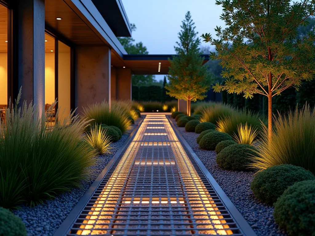 Modern Industrial Garden Path with Steel Grating - A stunning contemporary garden path made of industrial steel grating, photographed at dusk with warm ambient lighting beneath. The path appears to float over a zen-like arrangement of ornamental grasses and ground cover plants. Shot from a low angle perspective, the metal grating casts geometric shadow patterns on the illuminated plants below. Modern architectural elements frame the background, while integrated LED strip lighting beneath the grating creates a ethereal glow. The path's industrial aesthetic is softened by the surrounding landscape, featuring Japanese Forest Grass and Mexican Feather Grass swaying gently in the breeze. Captured with a DSLR camera using a wide-angle lens at f/8, ISO 100, showcasing the intricate details of both the metal structure and the organic elements beneath.