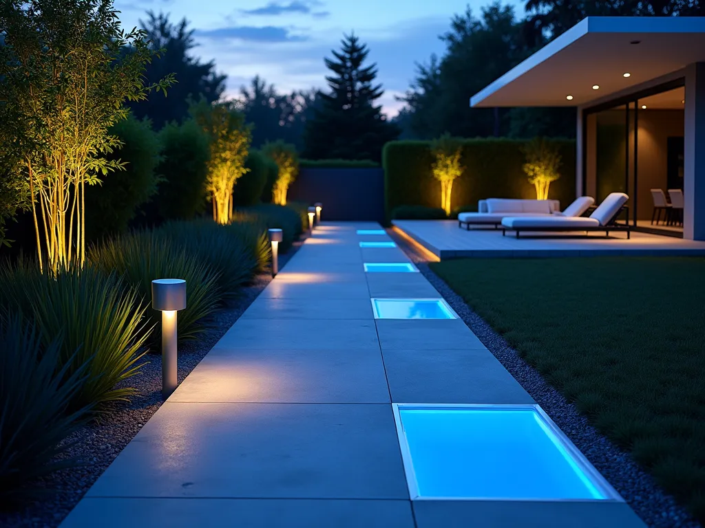 Interactive LED Garden Path at Dusk - A stunning modern garden path photographed at dusk with motion-activated LED lights embedded in smooth concrete pavers. The path gracefully curves through a contemporary landscape, with blue and white LED lights creating a ethereal glow that ripples ahead as if responding to movement. Sleek metal bollards line the edges, while architectural grasses and low-growing bamboo cast dramatic shadows. The path leads to a modern deck in the background, with minimalist outdoor furniture silhouetted against the twilight sky. Shot with a wide-angle lens from a low angle to capture the full sweep of illuminated pavers, with shallow depth of field emphasizing the leading lines of light. The ambient lighting creates a magical atmosphere with the LED lights reflecting off polished concrete surfaces.