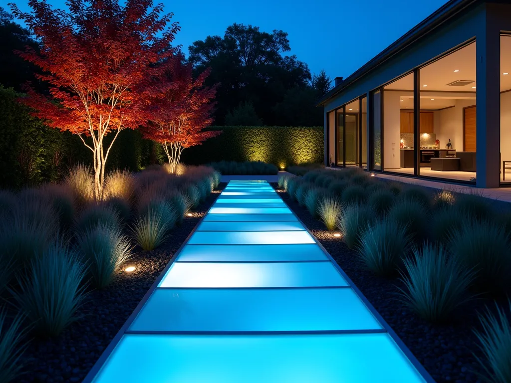 Modern LED Glass Garden Path at Twilight - A stunning twilight photograph of a modern garden path using frosted glass panels with integrated LED lighting, creating an ethereal blue-white glow. The path meanders through a minimalist landscape with ornamental grasses and Japanese maples. Shot from a low angle perspective at f/2.8, capturing the luminescent path leading to a contemporary patio area in the background. The frosted glass panels are arranged in a geometric pattern, each panel perfectly illuminated from beneath, creating a floating effect above the dark ground. Soft bokeh effect on the surrounding garden elements, with architectural specimen plants casting dramatic shadows in the LED light. The scene includes subtle landscape lighting highlighting key plants and structures, creating depth and dimension.