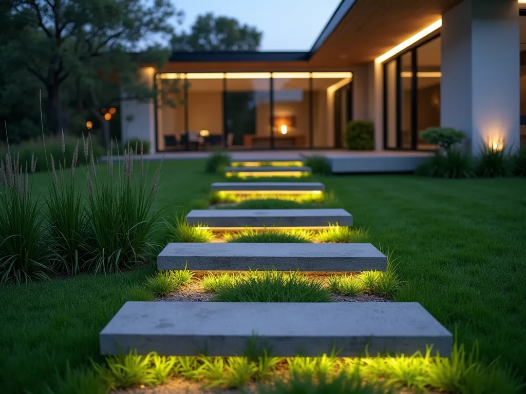 Minimalist Grass-Filled Steps at Dusk - A serene garden path featuring floating concrete frames filled with lush grass, creating modernist stepping stones ascending gently through a contemporary garden. Shot at dusk with soft ambient lighting, the path leads through a minimalist landscape with clean lines. The geometric grass-filled steps appear to hover slightly above ground, captured from a low angle perspective at f/2.8 to create subtle depth of field. Japanese forest grass edges the path, while architectural LED strips illuminate the steps' edges. The background shows a sleek modern home with large glass panels. Shot with a 16-35mm lens creating a dramatic wide-angle composition that emphasizes the path's linear progression.