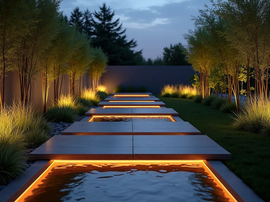 Sleek Contemporary Garden Path with Linear Water Feature - A stunning twilight photograph of a modern garden path featuring sleek concrete pavers floating above a thin, illuminated water channel. The path leads through a minimalist garden space, with architectural grasses softly swaying alongside. The water feature creates mesmerizing reflections of the warm LED path lighting, while Corten steel edging provides clean lines. Shot from a low angle perspective to emphasize the path's floating appearance and capture the water's subtle movement. Clean lines and geometric shapes dominate the composition, with strategic uplighting on Japanese Forest Grass and Black Bamboo creating depth and atmosphere.