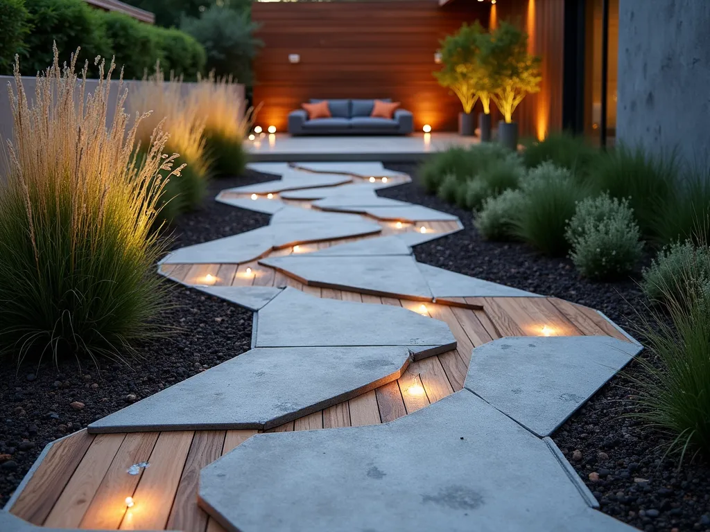 Contemporary Mixed Material Garden Path Mosaic - A stunning modern garden path featuring an artistic mosaic pattern of polished concrete hexagons, rich teak wood planks, and brushed steel inserts, arranged in a flowing geometric design. The path meanders through a minimalist garden landscape at dusk, with soft pathway lighting illuminating the mixed materials. The surrounding space features ornamental grasses and architectural plants creating strong shadows across the path. Shot from a low angle to emphasize the intricate material interplay and texture variations, with the path leading to a contemporary seating area in the background. The design maintains clean lines while showcasing the natural beauty of each material, with subtle warm lighting highlighting the varying textures.