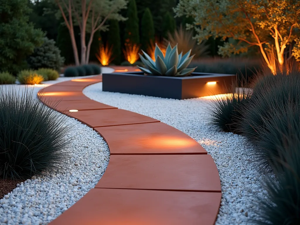 Modern Colored Concrete Garden Path - A sleek contemporary garden path made of smooth pigmented concrete in a deep terracotta orange color, winding through a minimalist landscape garden at dusk. The path features clean geometric lines and is 4 feet wide, illuminated by modern LED ground lights along its edges. The concrete has a polished finish that reflects the warm evening light, contrasting beautifully with surrounding architectural grasses and black mondo grass. Zen-inspired white gravel borders the path, creating a striking visual boundary. Shot from a low angle perspective to emphasize the path's flowing curves and modern aesthetic, with modern steel planters in the background housing sculptural agave plants.