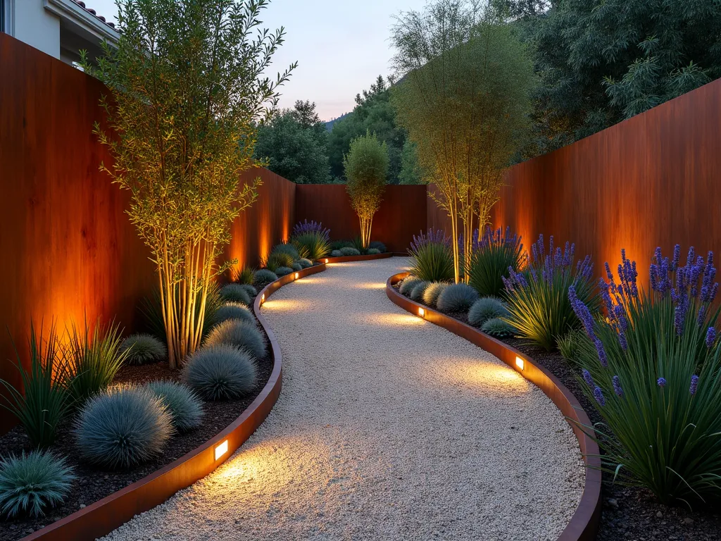 Modern Corten Steel Garden Path at Dusk - A serene garden path at dusk, featuring weathered Corten steel edging with a rich orange-brown patina creating clean lines against cream-colored crushed gravel. The path gently curves through a modern landscape, bordered by ornamental grasses and lavender. Soft outdoor lighting illuminates the walkway, highlighting the steel's warm tones. Low-growing succulents peek between the gravel, while architectural bamboo creates dramatic shadows in the background. Wide-angle shot capturing the path's flowing design and the interplay of materials in the golden hour light.