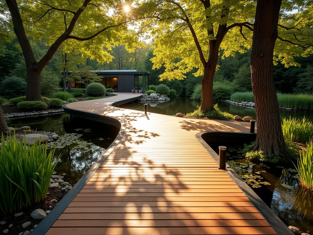 Modern Floating Boardwalk Garden Path - A stunning DSLR wide-angle photograph of a contemporary elevated wooden boardwalk in a lush garden setting, shot during golden hour. The path features wide ipe wood planks arranged in a geometric pattern, floating 2 feet above a serene koi pond. Natural light filters through overhanging Japanese maple trees, casting dappled shadows on the rich brown decking. The boardwalk curves gracefully through the space, supported by sleek black metal posts. Modern landscape lighting is integrated into the sides of the walkway, creating a subtle glow. The composition showcases both the architectural details of the boardwalk and its harmonious integration with the surrounding landscape, including ornamental grasses and water plants. Shot at f/8 with dramatic perspective highlighting the path's leading lines