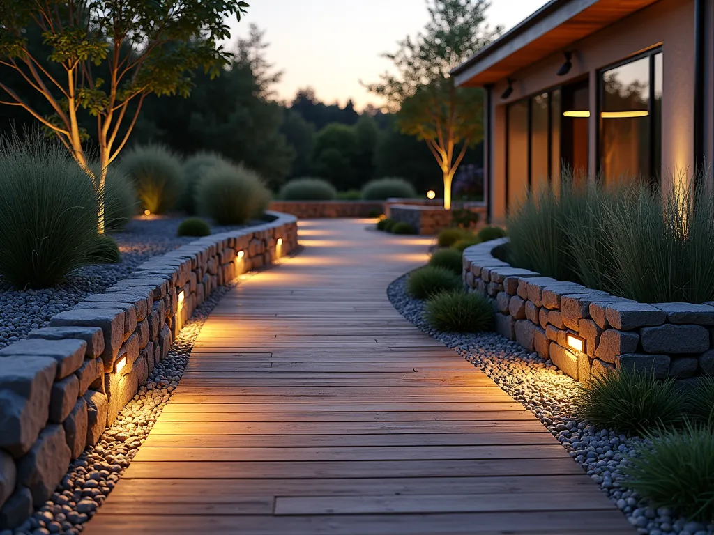 Modern Gabion and Wood Garden Path - A serene twilight garden scene featuring a sophisticated contemporary path design. The path combines sleek wooden boardwalk sections made of rich teak alternating with industrial gabion walls filled with local grey and rust-colored stones. Shot from a low angle perspective, the path gently curves through a minimalist garden landscape. Modern LED strip lighting underneath the wooden sections creates a warm glow, highlighting the textural contrast between the rough stone-filled gabions and smooth wooden surfaces. Natural ornamental grasses and architectural plants like Japanese Forest Grass and Black Mondo Grass soften the edges. Captured with a wide-angle lens at golden hour, with long shadows casting interesting patterns across the path. Photorealistic, ultra-detailed, 16-35mm lens, f/2.8, ISO 400.