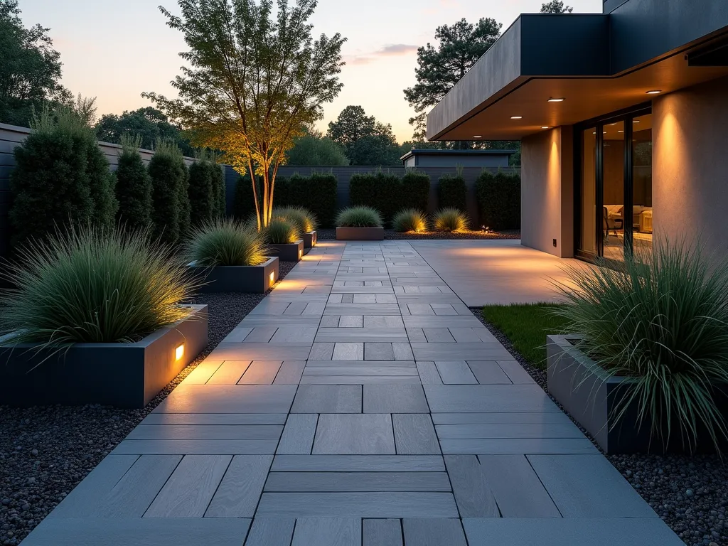 Modern Geometric Composite Deck Path - A stunning wide-angle dusk photograph of a contemporary garden path made from high-end composite deck tiles in alternating charcoal and light grey colors, arranged in a sophisticated herringbone pattern. The path gracefully winds through a minimalist garden landscape, with LED path lighting softly illuminating the geometric patterns. The 4-foot wide path is flanked by architectural ornamental grasses and modern rectangular planters containing Japanese Forest Grass. The path's surface reflects the golden hour light, highlighting the premium wood-grain texture of the composite materials. Professional DSLR capture with perfect exposure showing the clean lines and modern aesthetic of the modular decking system, set against a backdrop of contemporary landscaping.