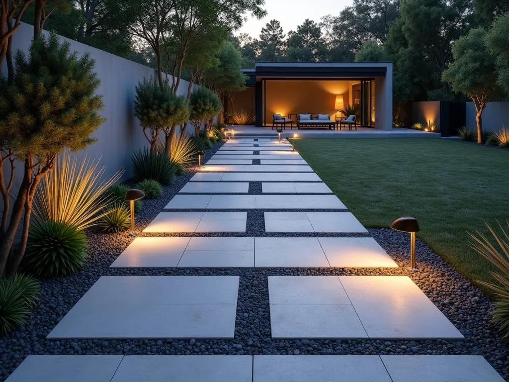 Modern Geometric Garden Path - A stunning twilight photograph of a contemporary garden path featuring large-format hexagonal and rectangular porcelain tiles in a sophisticated geometric pattern. The tiles alternate between light grey and charcoal, creating a bold, dynamic design. Shot from a low angle with a 16-35mm lens at f/2.8, capturing the path leading through a minimalist garden space. Subtle LED path lighting illuminates the matte-finished tiles, highlighting their textured surface. Modern architectural plants like sculptural agaves and ornamental grasses line the edges, casting dramatic shadows across the geometric pattern. Soft ambient lighting from contemporary garden bollards creates a moody atmosphere, while sleek metal planters add to the contemporary aesthetic. The path winds gracefully towards a modern outdoor seating area in the background.