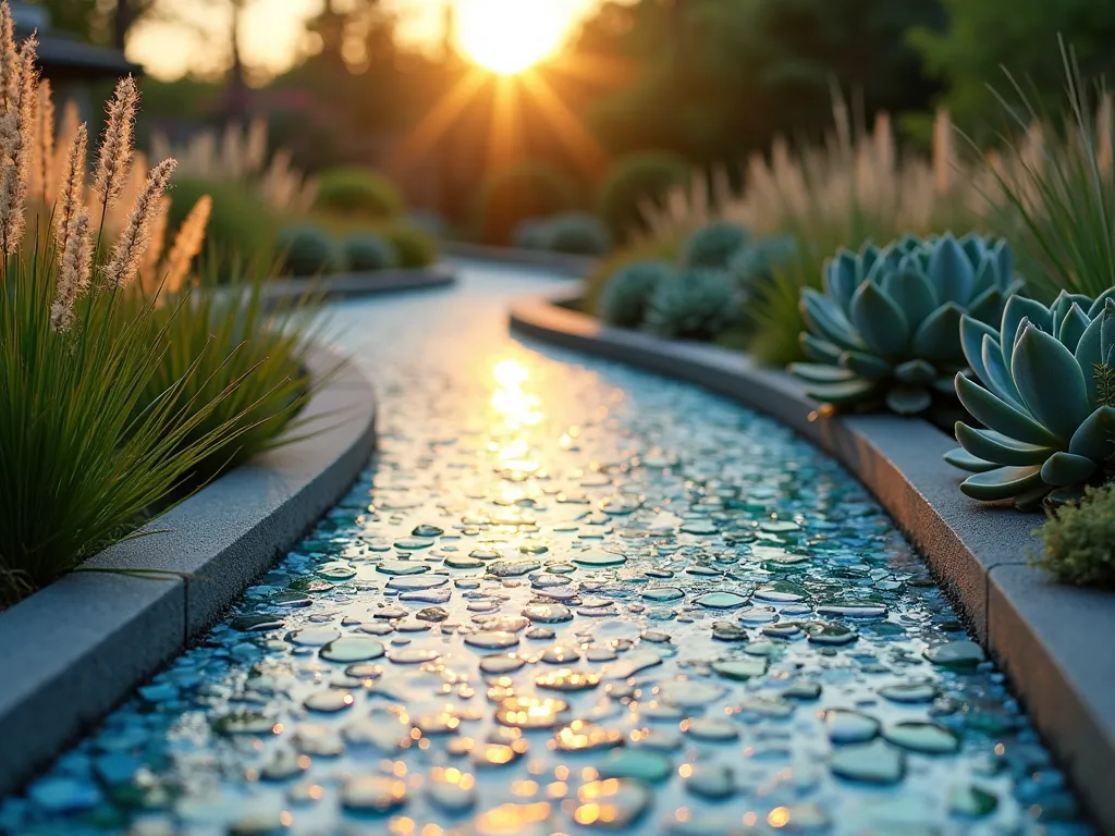 Modern Glass-Embedded Garden Path at Sunset - A sleek, contemporary garden path made of polished concrete embedded with recycled blue and green glass fragments, photographed at golden hour. The path winds elegantly through a minimalist garden landscape, with the low sunlight causing the glass pieces to sparkle dramatically. Clean-lined concrete planters filled with ornamental grasses frame the path, while architectural succulents add structural interest. Shot from a low angle to capture the path's shimmer, with soft bokeh effect in the background. The path's surface texture is clearly visible, showing the sophisticated integration of glass aggregates within the concrete matrix. Professional photograph taken with a digital camera, 16-35mm lens at f/2.8, ISO 400, creating a perfect balance between sharp detail and atmospheric depth.