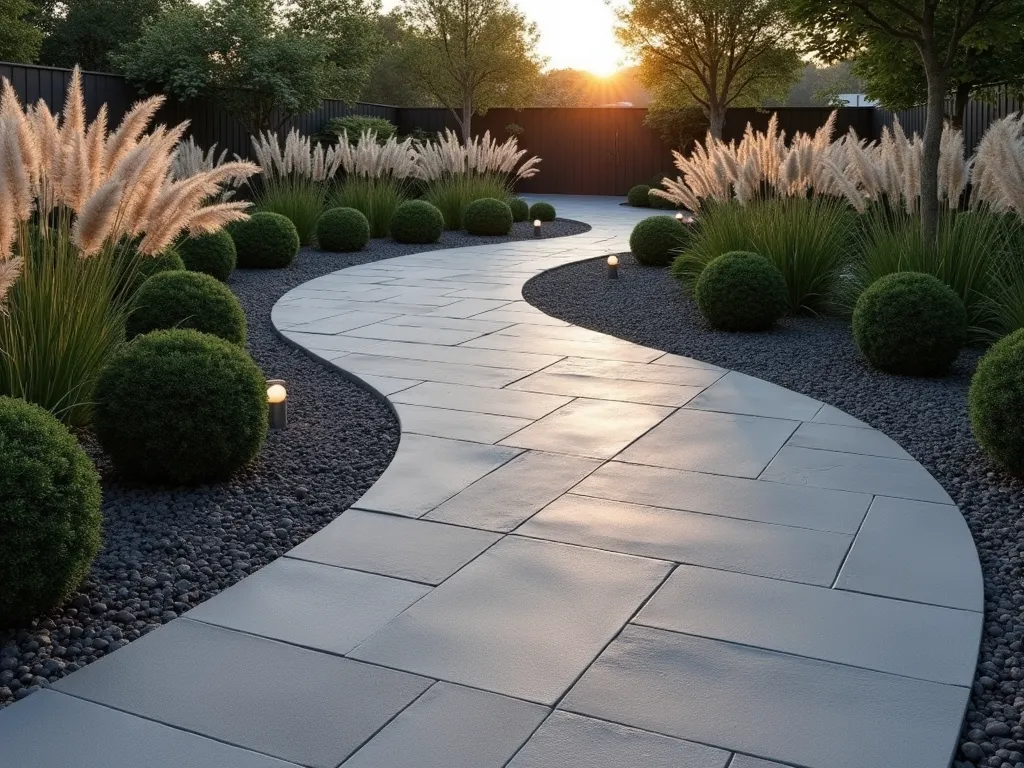 Modern Gradient Garden Path at Sunset - A stunning contemporary garden path made of large rectangular concrete pavers transitioning smoothly from deep charcoal to soft light grey, creating an ombré effect. The path curves gently through a minimalist landscape with architectural grasses and geometric boxwood spheres. Low voltage LED lighting illuminates the path edges, casting a warm glow as the sun sets. Clean lines and modern materials dominate the scene, while strategic placement of Mexican feather grass adds movement and softness. Shot from a low angle perspective to emphasize the color gradient and path's leading lines, with the golden hour sun creating long shadows across the pavers. Ultra-high-definition, photorealistic rendering with attention to texture and light.