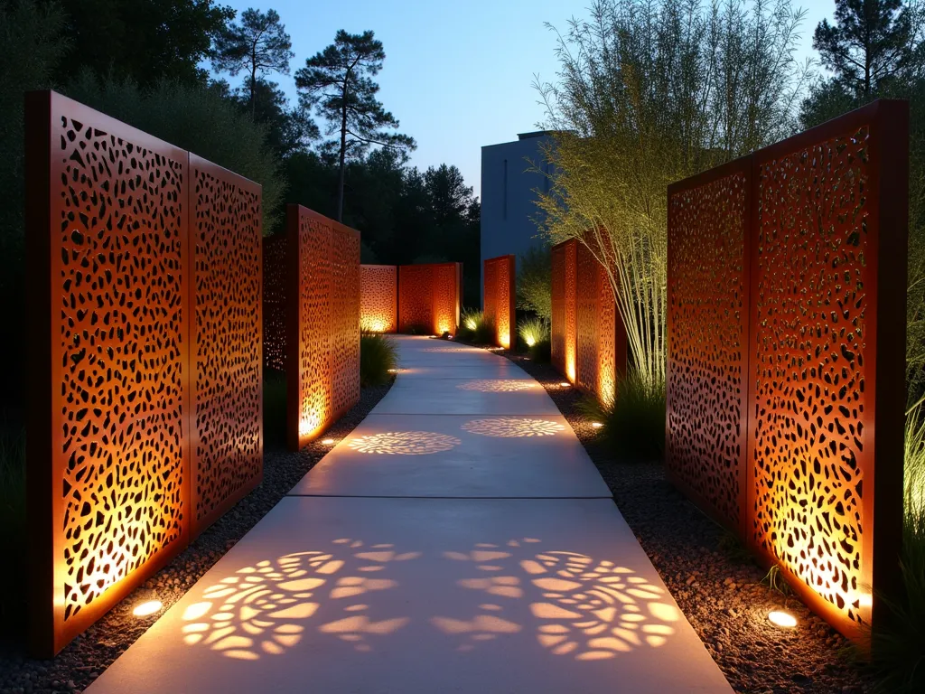 Modern Garden Path with Illuminated Laser-Cut Panels - A twilight shot of a contemporary garden path featuring sleek, 6-foot tall copper-toned laser-cut metal panels with intricate geometric patterns lining both sides. The panels are dramatically illuminated from below with warm LED lighting, casting mesmerizing shadow patterns on the smooth concrete path. The path curves gently through a minimalist garden landscape with architectural grasses and bamboo silhouettes in the background. Shot at f/2.8 with a 16-35mm lens, capturing the interplay of light and shadow while maintaining sharp detail in the metal artwork. The depth of field creates a dreamy bokeh effect with the garden lighting in the background.