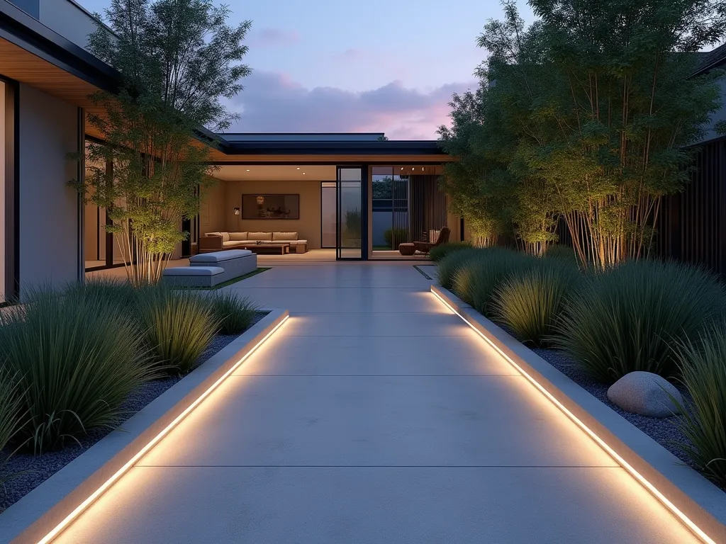 Modern Garden Path with Linear LED Illumination - A sleek contemporary garden path at dusk, featuring smooth light gray concrete with embedded parallel LED strip lights running along both edges, casting a cool white glow. The minimalist path curves gently through a modern landscaped garden with architectural grasses. The lighting creates dramatic shadows and reflections on the polished concrete surface, while zen-inspired bamboo plants frame the background. Wide-angle perspective showing the full length of the illuminated path leading to a modern seating area, with the last rays of sunset creating a purple-blue sky backdrop. Photorealistic, high-end architectural photography style.