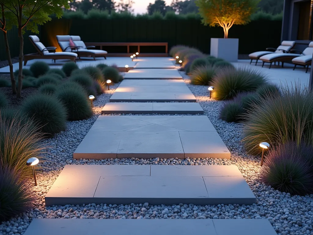 Modern Offset Concrete Path at Twilight - A contemporary garden path made of large rectangular concrete blocks arranged in an offset pattern, photographed at twilight with warm landscape lighting. The 24-inch concrete pavers float above a bed of light gray crushed granite, with low-growing Mexican Feather Grass and Purple Creeping Thyme sprouting between the gaps. The path leads through a minimalist garden space, with architectural succulents and ornamental grasses creating dramatic shadows. Wide-angle shot capturing the dynamic rhythm of the floating blocks, while soft LED path lights illuminate the edges, creating a sophisticated interplay of light and shadow. Background features silhouettes of modern outdoor furniture and contemporary planters.