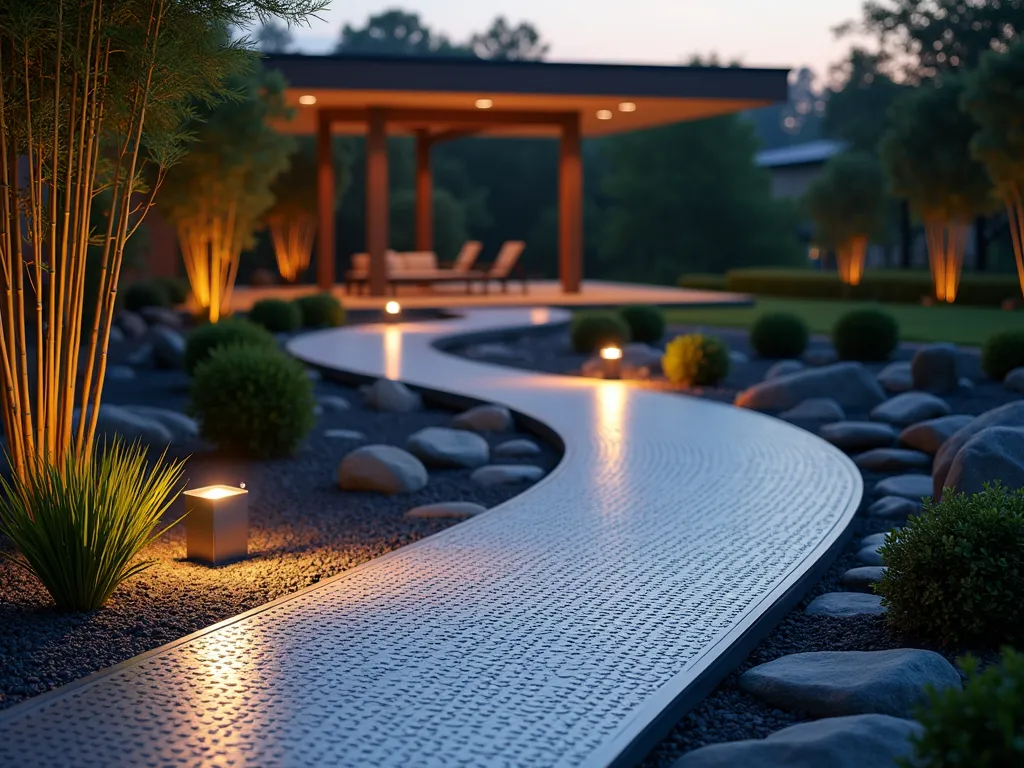 Modern Perforated Metal Garden Path at Dusk - A stunning dusk photograph of a contemporary garden path made from sleek perforated metal panels, captured with a wide-angle lens. The path gently curves through a minimalist garden landscape, illuminated from beneath with warm LED lighting that creates intricate geometric shadow patterns on the surrounding ground. The metal walkway appears to float above carefully placed river rocks, while architectural grasses and bamboo line the edges. Modern cube-shaped garden lights complement the industrial aesthetic, while strategic uplighting highlights the texture of the metal panels. Shot at f/2.8 with subtle bokeh effect in the background, creating a dreamy atmosphere as day transitions to night.