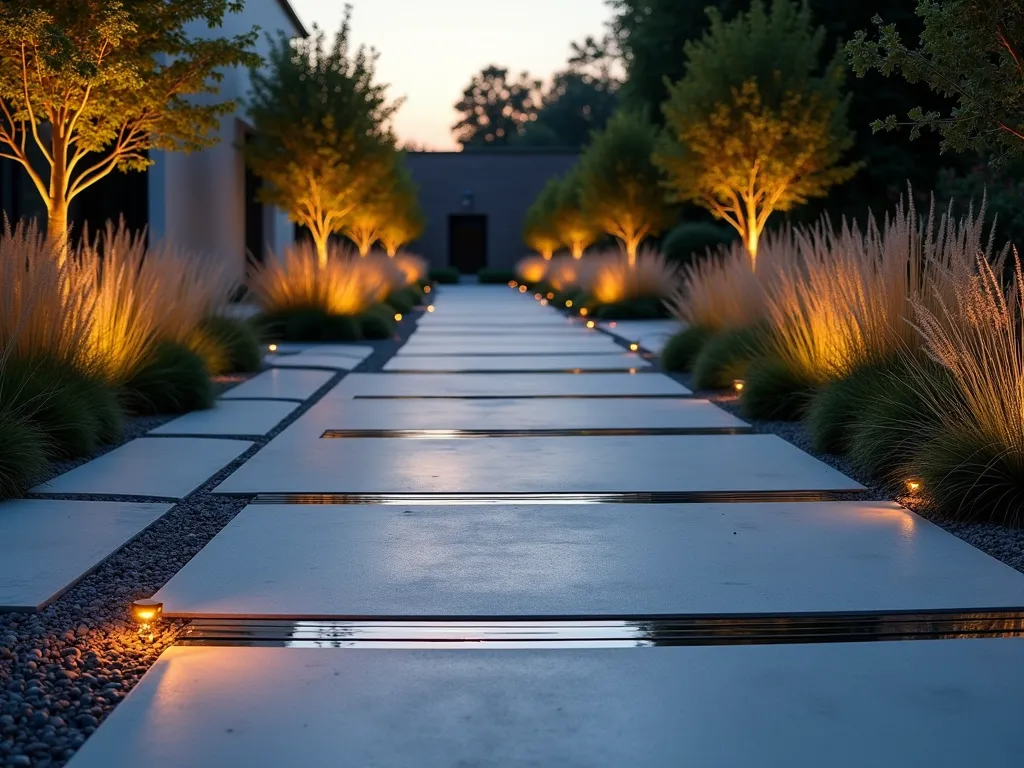 Modern Garden Path with Metallic Inlays at Dusk - A sophisticated DSLR wide-angle shot of a contemporary garden path at dusk, featuring polished stainless steel strips elegantly inlaid into smooth concrete pavers. The metallic strips create a striking geometric pattern that reflects the warm amber sky and garden lighting. The path winds through a minimalist landscape with architectural grasses and LED ground lights, creating dramatic shadows and reflections. The concrete has a sleek light grey finish, while the metal inlays catch and scatter the evening light, creating a mesmerizing interplay of light and shadow. Low-growing Carex grass borders the path, adding organic texture to the geometric design. Shot with shallow depth of field highlighting the reflective details, f/8, ISO 100, captured during the blue hour for optimal lighting contrast.