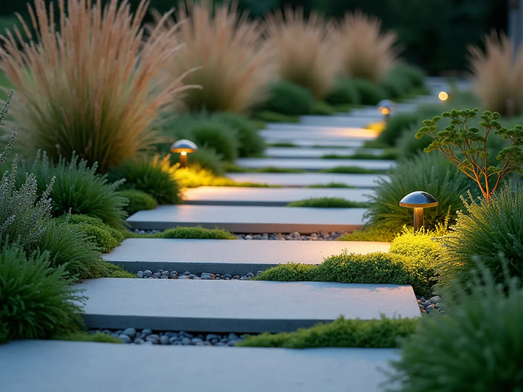 Modern Sedum-Lined Garden Path - A stunning contemporary garden path at dusk, photographed at f/2.8 with a 16-35mm wide-angle lens. Large rectangular light gray concrete pavers are arranged with deliberate 3-inch gaps between them. These gaps are lushly filled with emerald green sedum and silvery moss that appear to glow in the warm evening light. The path meanders through a minimalist garden space, with architectural grasses softly swaying in the background. Modern LED path lights illuminate the textural contrast between the smooth pavers and the living joints. Dewdrops on the sedum catch the last rays of sunlight, creating a magical sparkle effect. The composition is shot from a low angle, emphasizing the interaction between the hard geometric lines of the pavers and the organic softness of the planted joints.