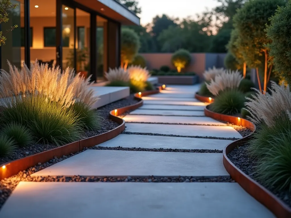 Modern Steel-Edged Stone Garden Path - A stunning twilight photograph of a contemporary garden path featuring smooth gray stone pavers flowing organically through a modern landscape. The path is defined by sleek, curved Corten steel edges that rise 2 inches above the stones, creating elegant ribbons of weathered orange-brown metal that contrast beautifully with the cool-toned pavers. Soft landscape lighting illuminates the path from below, casting gentle shadows and highlighting the steel's patina. The path is flanked by modern ornamental grasses and architectural plants, with Festuca glauca and Japanese Forest Grass creating ethereal movement. Shot from a low angle at golden hour, with selective focus highlighting the interplay between materials. The background shows a minimalist contemporary garden with clean lines and geometric planters.