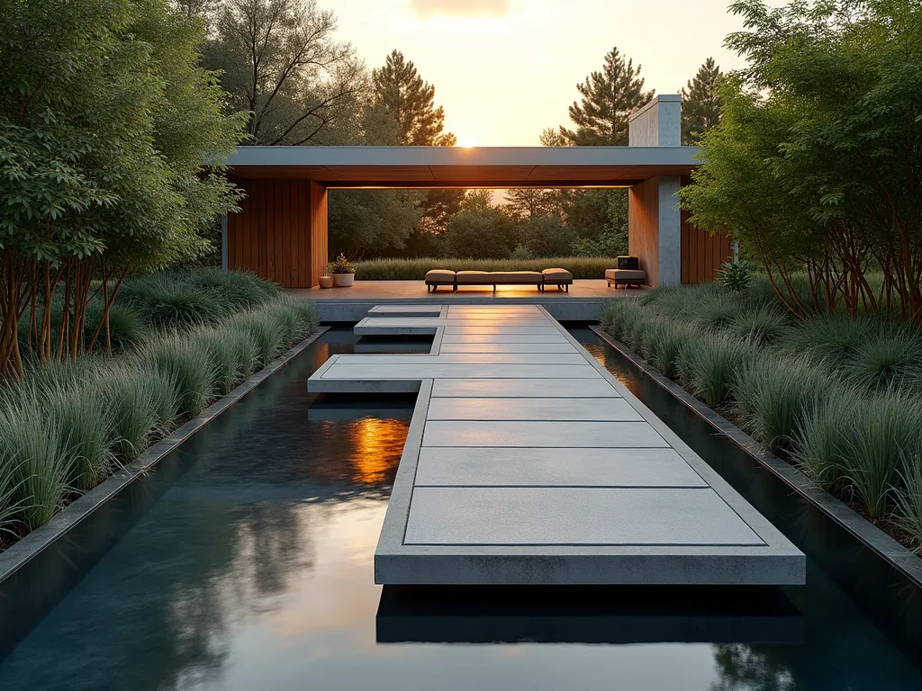 Modern Suspended Garden Walkway at Dusk - A stunning wide-angle DSLR photo of a contemporary suspended walkway in a modern garden, shot during golden hour. The sleek, floating pathway is constructed from brushed steel and light gray composite decking, hovering 2 feet above a series of rectangular reflection pools. Soft LED strip lighting underneath the walkway creates a ethereal glow on the water's surface. The path winds gracefully through masses of ornamental grasses and Japanese forest grass, with architectural bamboo stands providing vertical interest. Modern concrete planters line the edges, filled with trailing silver falls dichondra. The walkway appears to float weightlessly, captured with perfect depth of field at f/8, showcasing both intricate construction details and the surrounding landscape. Natural sunset lighting casts warm golden reflections on the water's surface, while cool blue twilight tones balance the composition. Shot at ISO 100 for maximum clarity and detail.