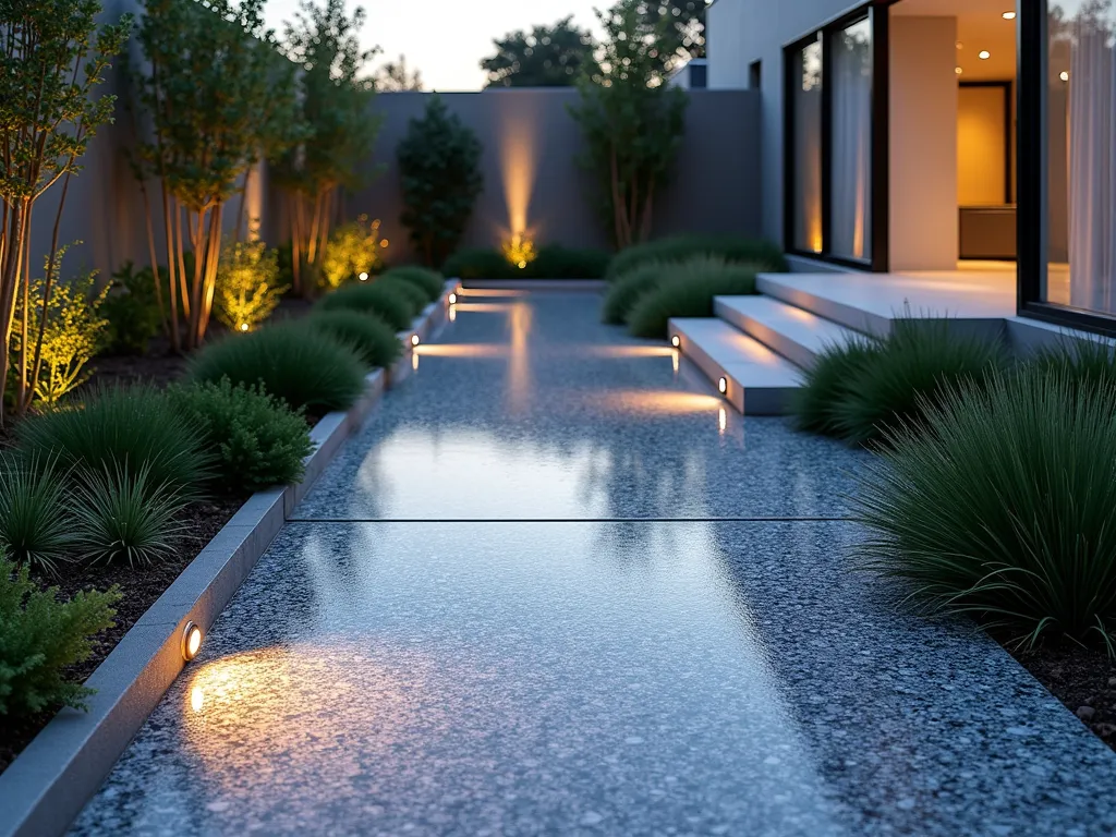 Modern Terrazzo Garden Path at Twilight - A contemporary garden path featuring a stunning terrazzo-style concrete surface with multicolored aggregate chips in soft blues, grays, and warm copper tones. The path meanders through a minimalist garden landscape, captured at twilight with subtle landscape lighting illuminating its textured surface. Wide-angle shot showing the path's gentle curves, bordered by low-growing ornamental grasses and geometric concrete planters. The path's surface glistens slightly from recent rain, highlighting the intricate pattern of the embedded colored stones. Modern architectural elements and clean lines complement the path's design, while strategically placed LED ground lights create dramatic shadows across its speckled surface.