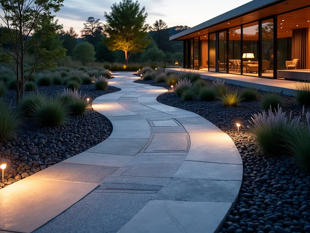 Modern Textured Concrete Garden Path - A stunning dusk photograph of a contemporary garden path featuring sweeping, ribbon-like concrete strips with varying textures - some smooth, some aggregate, and some stamped with geometric patterns. The paths curve organically through a modern landscape, bordered by low-growing ornamental grasses and illuminated by subtle LED ground lighting. The concrete ribbons appear to float above beds of dark river rocks, creating dramatic shadows in the warm evening light. Shot from a low angle perspective with a wide-angle lens, capturing the flowing curves leading to a modern seating area in the background. The path's surface catches the golden hour light, highlighting its multiple textures while Japanese Forest Grass and Blue Fescue provide soft, contrasting elements along the edges.