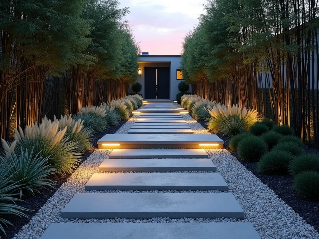 Contemporary Modular Path Design - A wide-angle DSLR photograph of a modern garden path at dusk, composed of large square concrete modular blocks arranged in a geometric pattern. The blocks, in varying shades of light gray, are offset to create a dynamic walkway through a minimalist garden landscape. LED strip lighting subtly illuminates the edges of each block, creating a soft glow. The path is flanked by ornamental grasses (Pennisetum alopecuroides) and low-growing succulents, with architectural black bamboo (Phyllostachys nigra) providing vertical interest in the background. The clean lines of the modular blocks contrast beautifully with the organic plantings, while crushed white granite fills the spaces between blocks. Shot at f/8 to maintain sharp detail throughout, with the last rays of sunset casting long shadows across the contemporary design.