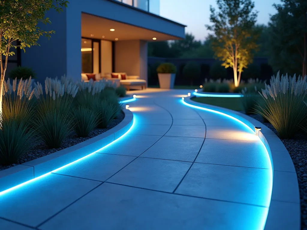 Smart LED Garden Path at Dusk - A stunning contemporary garden path at dusk, featuring embedded smart LED lighting that creates a ethereal blue glow along its curved edges. The path is made of modern large-format light gray porcelain pavers, each separated by thin strips of programmable lighting. Motion-activated ground-level sensors illuminate each section as you walk, while discrete temperature-controlled heating elements beneath the surface keep the path clear in winter. Small digital displays elegantly integrated into decorative bollards show real-time weather data and path conditions. Minimalist steel planters line the path, containing architectural grasses that sway gently in the evening breeze. The scene is captured from a low angle perspective, emphasizing the path's gentle curves and the interplay of light and shadow, with a modern minimalist house facade softly lit in the background. Shot with shallow depth of field to create a dreamy, futuristic atmosphere while maintaining professional clarity.