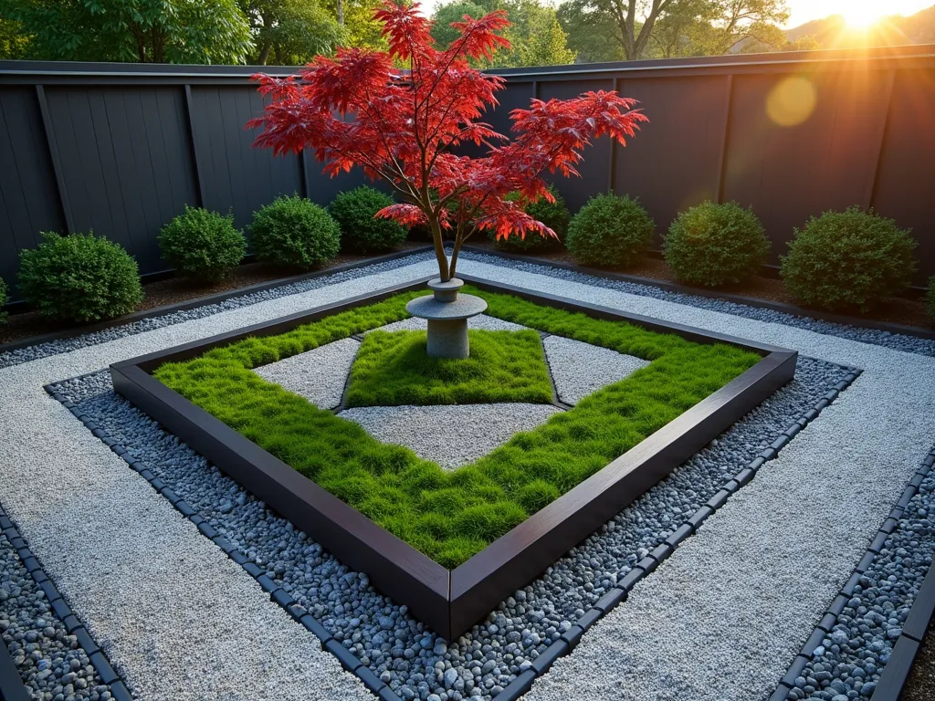 Serene Japanese Corner Garden - A stunning corner raised garden bed with clean angular lines, photographed during golden hour. The bed features dark bamboo edging and is surrounded by meticulously raked gravel pathways in concentric patterns. A small Japanese maple with deep red foliage creates a focal point, while patches of emerald moss garden add texture between carefully placed granite stones. Minimal plantings maintain zen simplicity, with a stone lantern nestled in one corner. The structure follows precise geometric lines characteristic of Japanese garden design, captured with a wide-angle lens at f/2.8 to showcase the peaceful integration of all elements. Natural evening light casts long shadows across the gravel, enhancing the meditation-like atmosphere of this tranquil corner space.