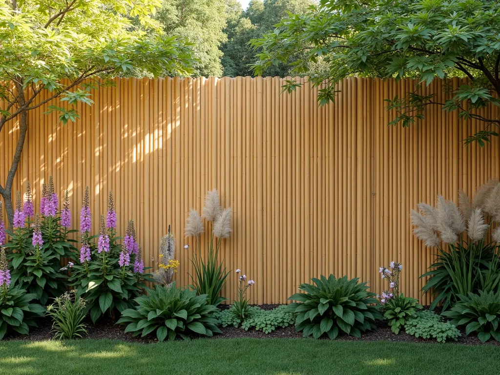 Elegant Bamboo Screen with Cottage Garden - A serene late afternoon garden scene featuring natural bamboo screening panels creating a 6-foot tall elegant boundary. The bamboo fence has a warm honey-golden tone, beautifully illuminated by soft sunlight filtering through. In the foreground, a lush cottage garden border showcases purple coneflowers, pink foxgloves, and flowing ornamental maiden grasses swaying gently. The bamboo panels are arranged in a subtle curved pattern, creating depth and interest. Shot from a wide angle showing the full garden context, with the bamboo screen stretching across the frame. The scene is captured with perfect clarity, showing the intricate texture of the bamboo weave and the delicate garden flowers. Professional photography with natural lighting emphasizing the organic textures and warm tones. 8K resolution, ultra-detailed, photorealistic.