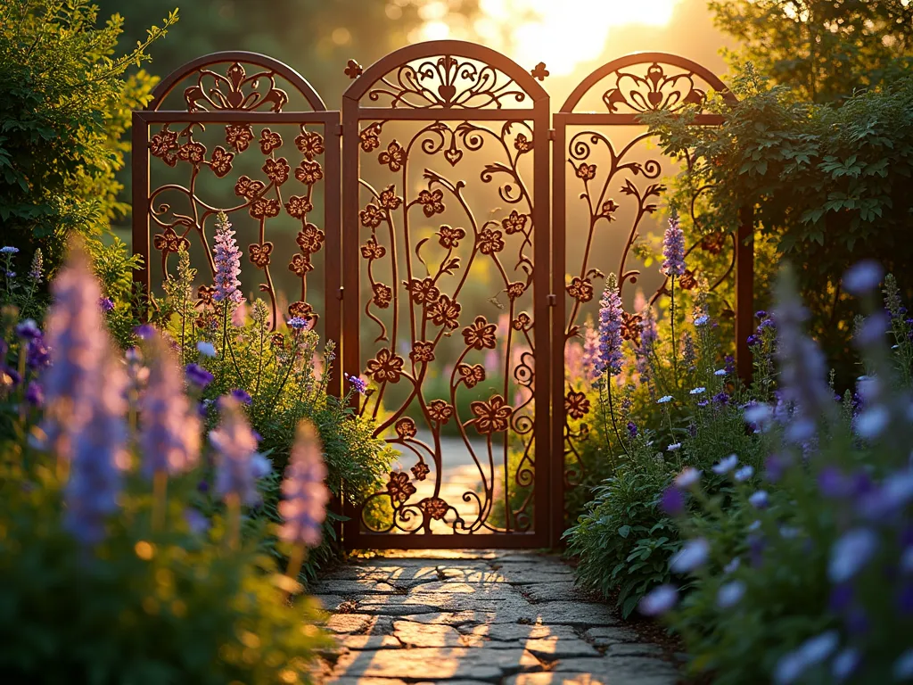 Enchanting Botanical Screen Garden Border - A stunning garden scene at golden hour featuring an ornate metal botanical screen fence panel with intricate laser-cut floral patterns, casting magical dappled shadows across a stone path. The 6-foot tall decorative screen showcases climbing clematis and morning glory vines weaving through its delicate cutouts, while cottage garden perennials like lavender, foxgloves, and delphiniums bloom softly in the foreground. Shot at f/2.8 with a 16-35mm lens creating dreamy bokeh, as the setting sun illuminates the metalwork's copper-toned finish and highlights the whimsical shadow patterns on the weathered stone path. The artistic screen panel seamlessly blends form and function, providing both privacy and visual interest in this enchanted cottage garden setting.