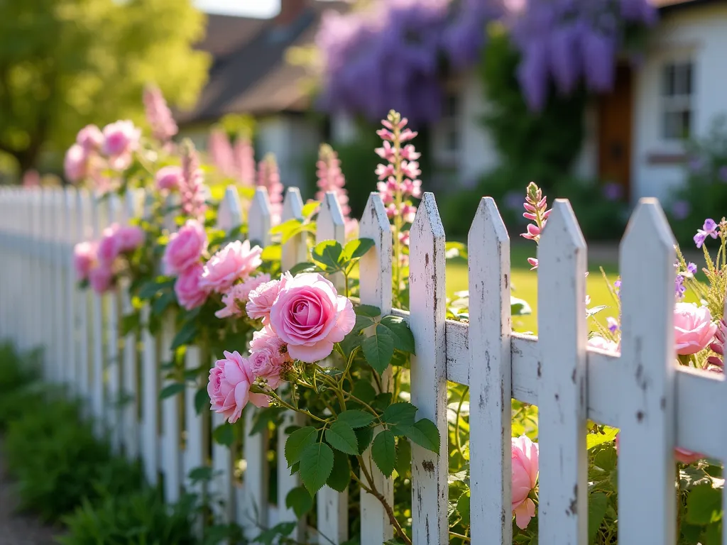 Classic White Picket Cottage Garden - A dreamy late afternoon scene of a pristine white picket fence with evenly spaced pointed stakes, photographed at f/2.8 with soft golden sunlight casting gentle shadows. The immaculate fence frames a lush cottage garden where climbing pink David Austin roses gracefully weave through the pickets. Purple delphiniums, white foxgloves, and lavender create a romantic cottage garden border. Captured with a wide-angle perspective showing the fence's gentle curve, with selective focus on the weathered white paint and climbing roses. The background features a charming cottage with blooming wisteria, while butterflies dance among the flowers. The composition emphasizes the traditional, fairy-tale quality of the classic white picket fence design.