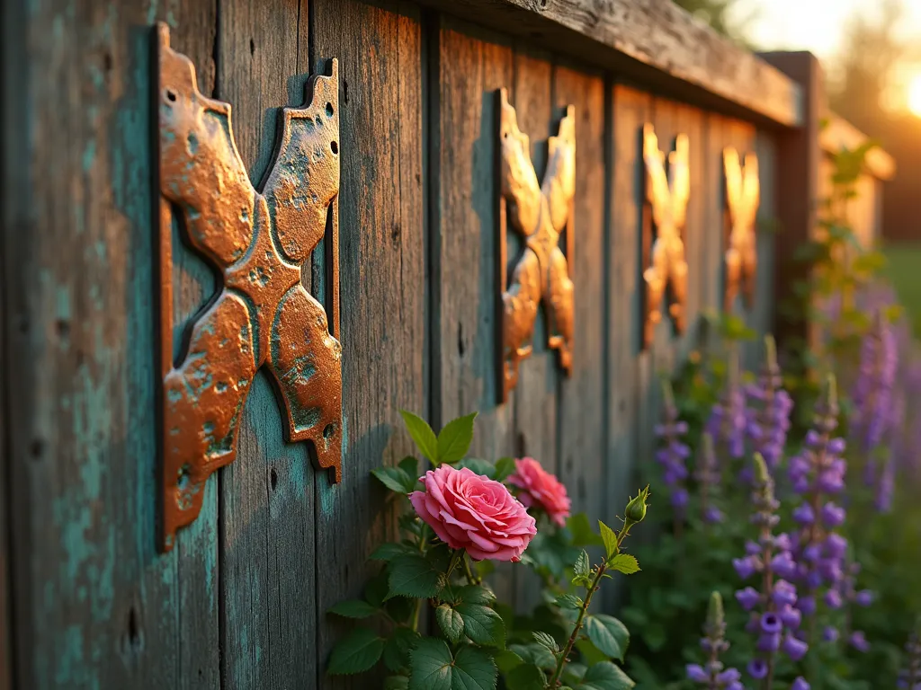 Copper and Wood Fence Detail at Sunset - Close-up shot of a rustic wooden fence panel featuring elegant copper pipe inlays with a beautiful verdigris patina, captured during golden hour. The aged copper elements create intricate geometric patterns against weathered cedar boards, while climbing roses and English ivy softly frame the design. Warm sunset light catches the copper's patinated surface, creating a magical interplay of green-blue oxidation and golden highlights. The background shows a soft-focus cottage garden with lavender and foxgloves swaying in the evening breeze.