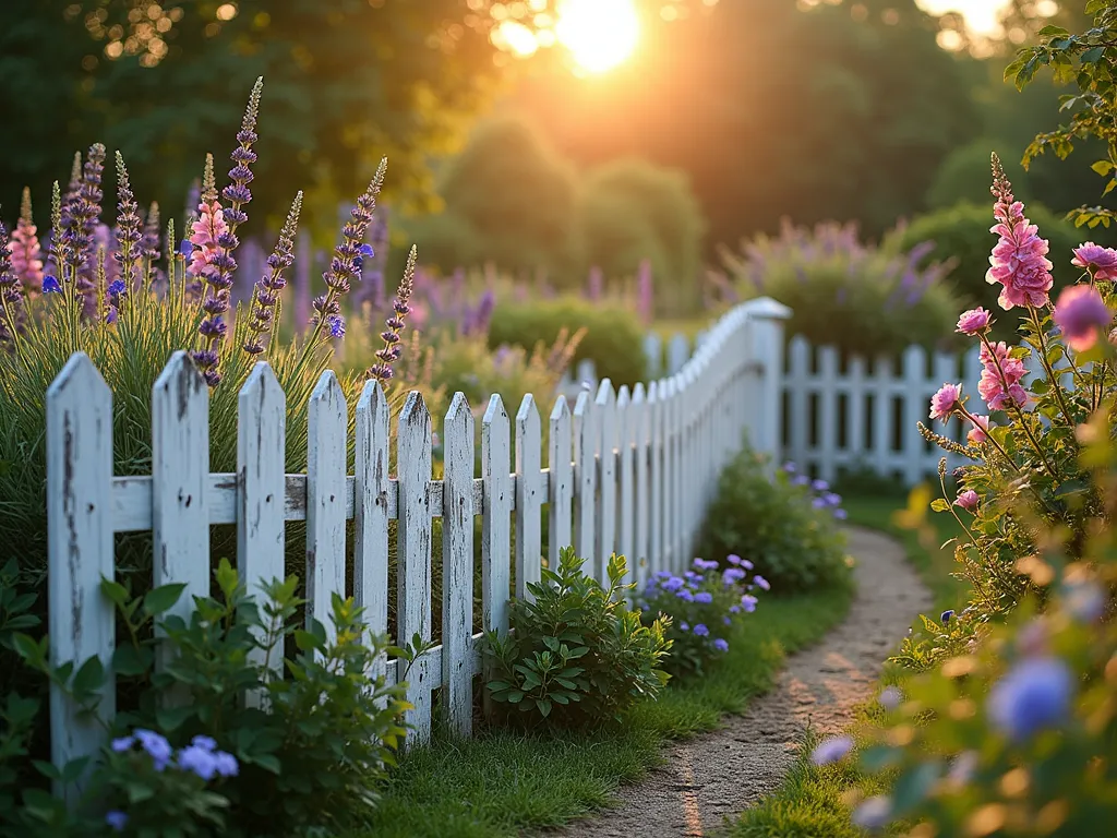 Flowing Curved Cottage Picket Fence - A DSLR wide-angle photo of a charming curved white picket fence gracefully winding through a cottage garden at golden hour. The fence features gentle, flowing curves that create a soft, organic boundary. Lavender and roses spill over both sides of the fence, while climbing clematis weaves through the pickets. Morning light casts warm shadows across the weathered white paint, highlighting the artistic curves. Lush cottage garden perennials including foxgloves, delphiniums, and hollyhocks create layers of height behind the fence, while a carpet of forget-me-nots and sweet alyssum softens its base. The fence's curves echo the informal, romantic planting style, photographed with perfect depth of field to capture both architectural details and botanical elements, f/8, ISO 100, 1/125s