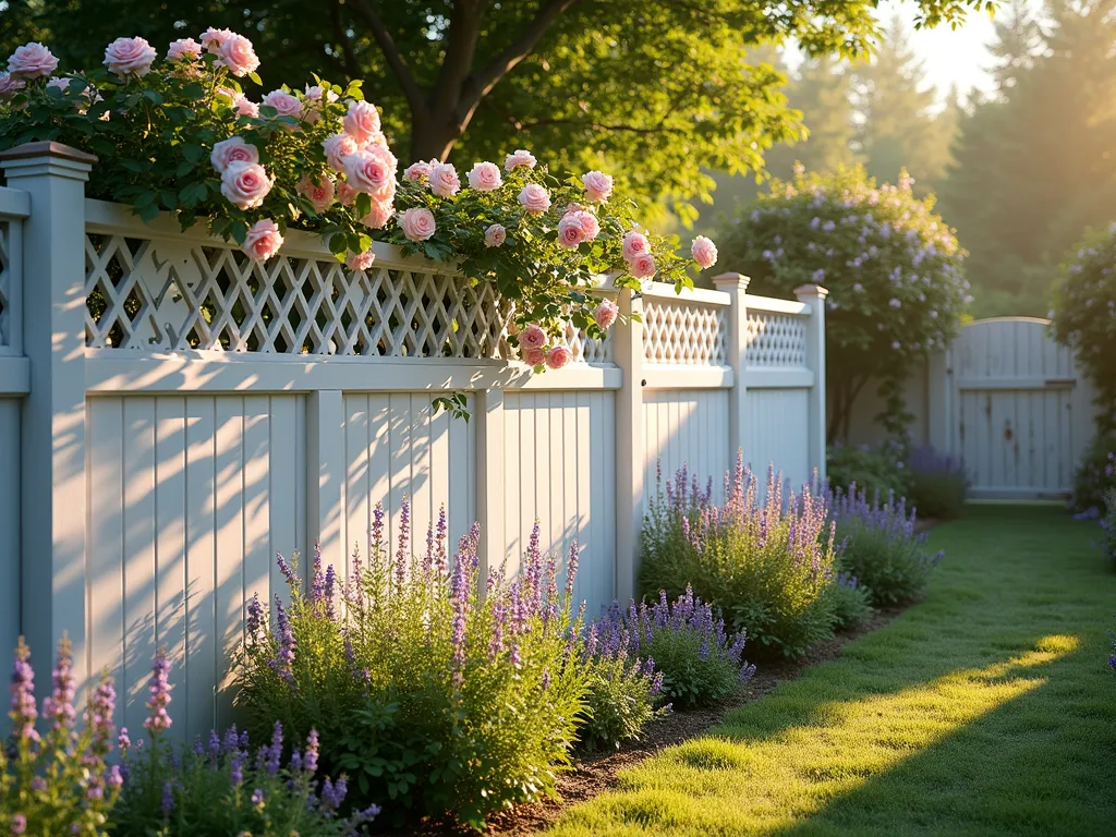 Enchanting Diamond Trellis Fence with Climbing Roses - A late afternoon garden scene featuring an elegant white cottage-style fence with integrated diamond-pattern trellis panels. The panels alternate with solid fence sections, creating a rhythmic pattern. Pink and white climbing roses gracefully wind through the trellis diamonds, while purple clematis adds contrasting color. Soft golden sunlight filters through the structure, casting intricate shadow patterns on the lush garden path below. The fence is bordered by a cottage garden with lavender, foxgloves, and delphinium in the foreground. Captured at a 45-degree angle to show both the architectural detail of the fence and the depth of the garden, with a weathered wooden gate visible in the distance. Photorealistic, high detail, cottage core aesthetic.