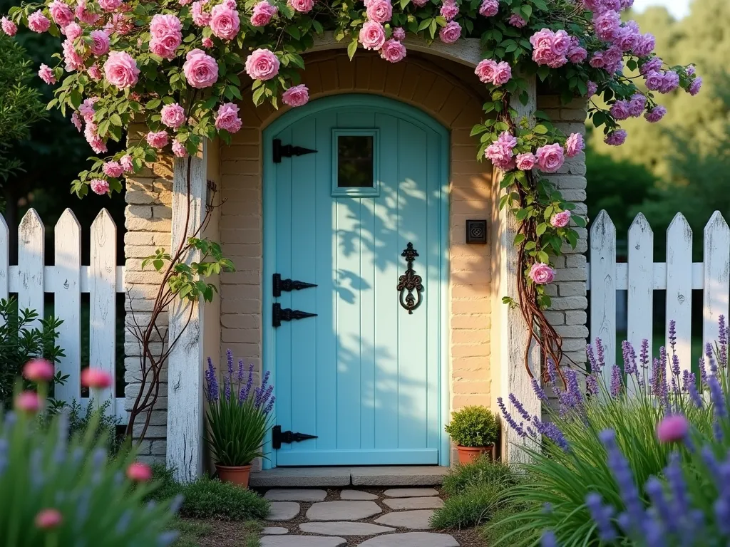 Enchanting Cottage Garden Door - A charming robin's egg blue cottage-style door set within a weathered white picket fence, surrounded by climbing pink roses and purple clematis. The door features ornate black wrought iron hinges and a vintage brass handle. Late afternoon sunlight casts dappled shadows through overhanging wisteria, creating a magical entrance. The cottage garden path leads through the door, lined with blooming lavender and cottage garden perennials. Shot with a wide-angle lens at eye level, capturing the full height of the door and surrounding plantings in golden hour light. Professional DSLR photography, f/8, ISO 100, 1/125s, natural lighting, photorealistic, highly detailed.