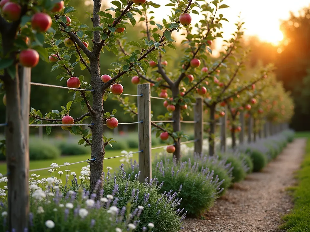 Espaliered Apple Tree Fence at Sunset - A stunning espaliered fruit fence in a cottage garden setting, photographed at golden hour with a 16-35mm lens at f/2.8, ISO 400. Meticulously trained apple trees spread their branches horizontally along weathered wooden posts connected by taut metal wires, creating a living fence boundary. The trees are laden with ripening apples, their branches forming perfect geometric patterns against the warm evening sky. White cottage-style flower beds featuring lavender and roses bloom at the base. The natural wood posts have a weathered patina, while the structured branches cast intricate shadows across a rustic gravel path. Soft bokeh effect in the background reveals glimpses of the cottage garden beyond.