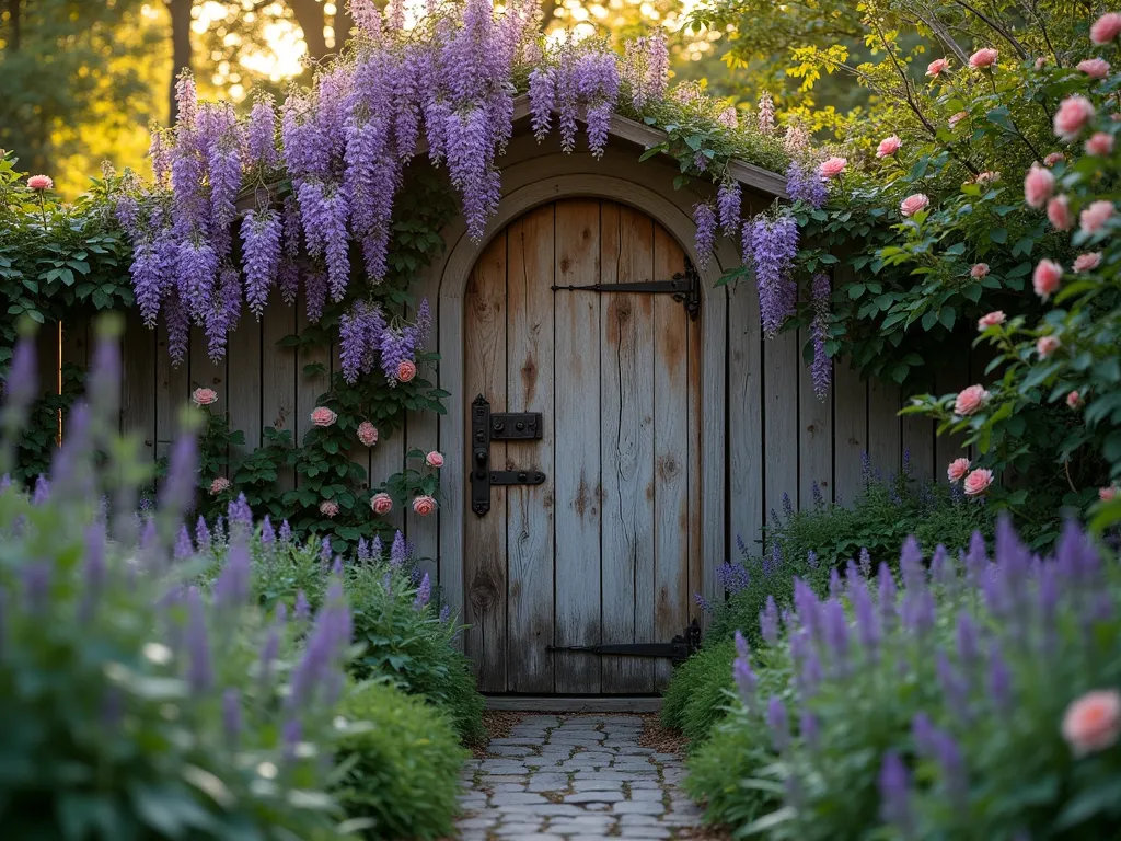 Hidden Garden Door at Sunset - A dreamy, romantic scene of an aged wooden garden door partially concealed within a weathered fence section, photographed at golden hour. The door is beautifully obscured by climbing roses and wisteria vines in full bloom, creating an ethereal, secret-garden atmosphere. Soft evening sunlight filters through the foliage, casting intricate shadows on the weathered wood. The rustic iron handle and hinges peek through cascading purple wisteria blooms and pale pink climbing roses. A narrow cobblestone path leads to the door, lined with lavender and cottage perennials. Shot with a wide-angle lens to capture the full magical setting, with a shallow depth of field highlighting the mysterious entrance. Professional DSLR photography, f/8, ISO 100, natural lighting, 1/125 shutter speed.