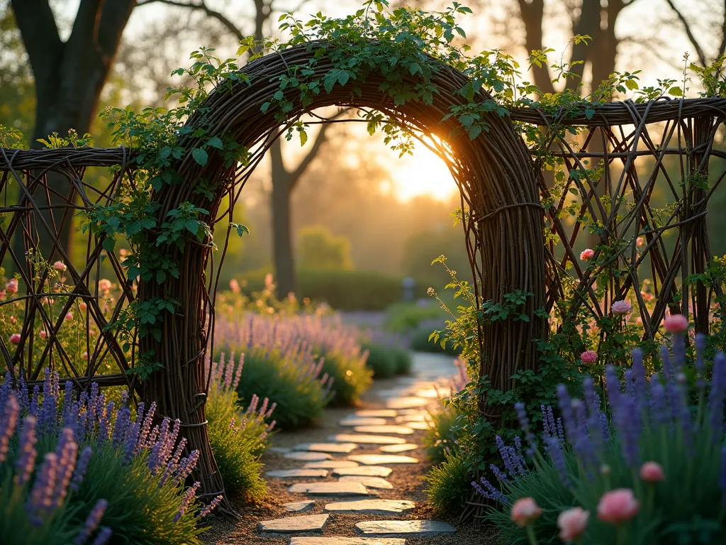 Living Willow Garden Fence - A magical twilight scene of an enchanting cottage garden bordered by an intricately woven living willow fence structure, standing 6 feet tall with graceful arches and naturally curved patterns. The willow branches are expertly trained and intertwined, creating an organic lattice effect with fresh spring growth sprouting delicate green leaves. Soft evening light filters through the living fence, casting ethereal shadows across a winding garden path lined with blooming English lavender and cottage roses. The willow structure features an elegant archway entrance, its branches naturally curved and braided, while climbing clematis begins to wind its way through the living fence. Captured with a wide-angle lens at golden hour, with dewdrops glistening on the willow leaves, creating a dreamy, romantic atmosphere. Shot at f/8 for perfect depth of field, showcasing both the intricate detail of the willow weaving and the lush garden setting.