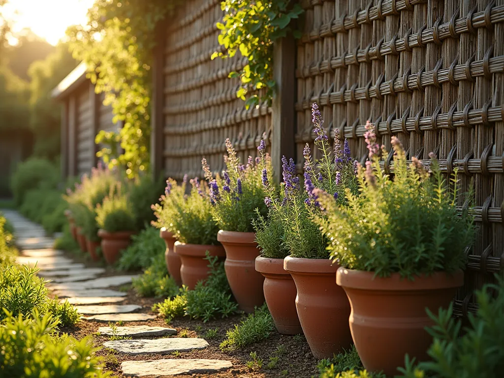 Medieval Herb Garden with Woven Hazel Fence - A golden evening sunlit garden scene featuring a rustic woven hazel fence panel with intricate basket-weave patterns, standing 4 feet tall. Ancient-looking terracotta pots filled with flowering herbs like lavender, sage, and thyme are nestled along the fence base. The fence panels alternate with wooden posts wrapped in climbing rosemary. A worn stone path meanders alongside, while a mix of medicinal herbs creates a lush border. Soft, diffused lighting casts long shadows across the weathered fence texture, highlighting its natural materials and craftsmanship. Shot from a slight angle to capture both the fence detail and garden depth, with a shallow depth of field focusing on the textural elements.