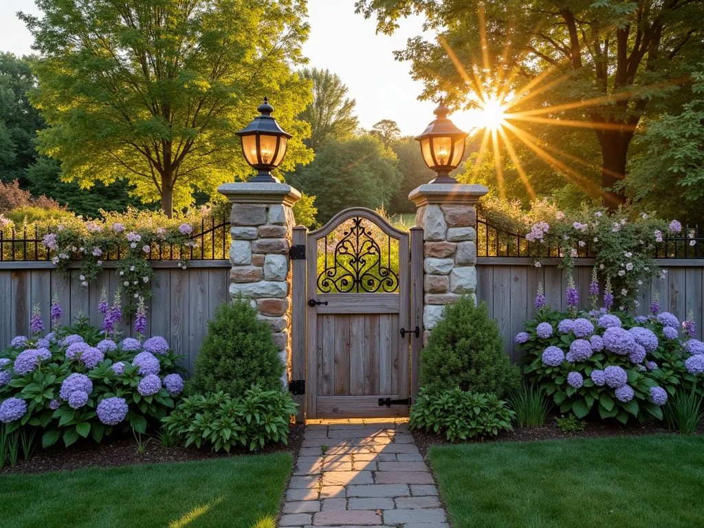 Cottage Garden Mixed Material Fence - A charming cottage garden fence at golden hour, photographed with a wide-angle lens, showcasing an artful combination of weathered cedar posts, ornate wrought iron panels, and natural stone pillars. The fence creates a harmonious boundary with climbing roses and clematis intertwining through the metalwork. Stone pillars crowned with copper caps anchor the design every few feet, while reclaimed wooden panels in a soft grey weathered finish connect between them. Lush cottage garden perennials like lavender, foxgloves, and delphiniums spill over both sides of the fence, softening the structured materials. Warm evening sunlight casts long shadows across the mixed materials, highlighting their varied textures. A charming wooden gate with decorative iron detailing serves as a focal point, flanked by flowering hydrangea bushes.