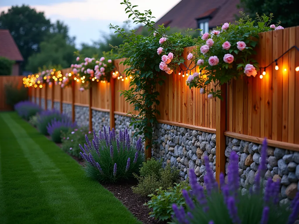 Modern Gabion-Wood Garden Boundary - A stunning dusk photograph of a contemporary cottage garden boundary featuring a harmonious combination of gabion walls and wooden fence panels. The gabion sections, filled with locally sourced grey and tan stones, alternate with warm cedar wood panels in a rhythmic pattern. Golden evening light filters through climbing roses and flowering clematis that gracefully wind around the wooden sections. The fence is captured at a wide angle showing its integration with a lush cottage garden, where lavender and salvias sway in the foreground. The 16-35mm lens creates a beautiful depth of field, with the fence extending into the distance while fairy lights twinkle along the wooden panels, creating a magical atmosphere. Close-up details reveal the intricate texture of the stone-filled gabions contrasting with the smooth wooden surfaces.