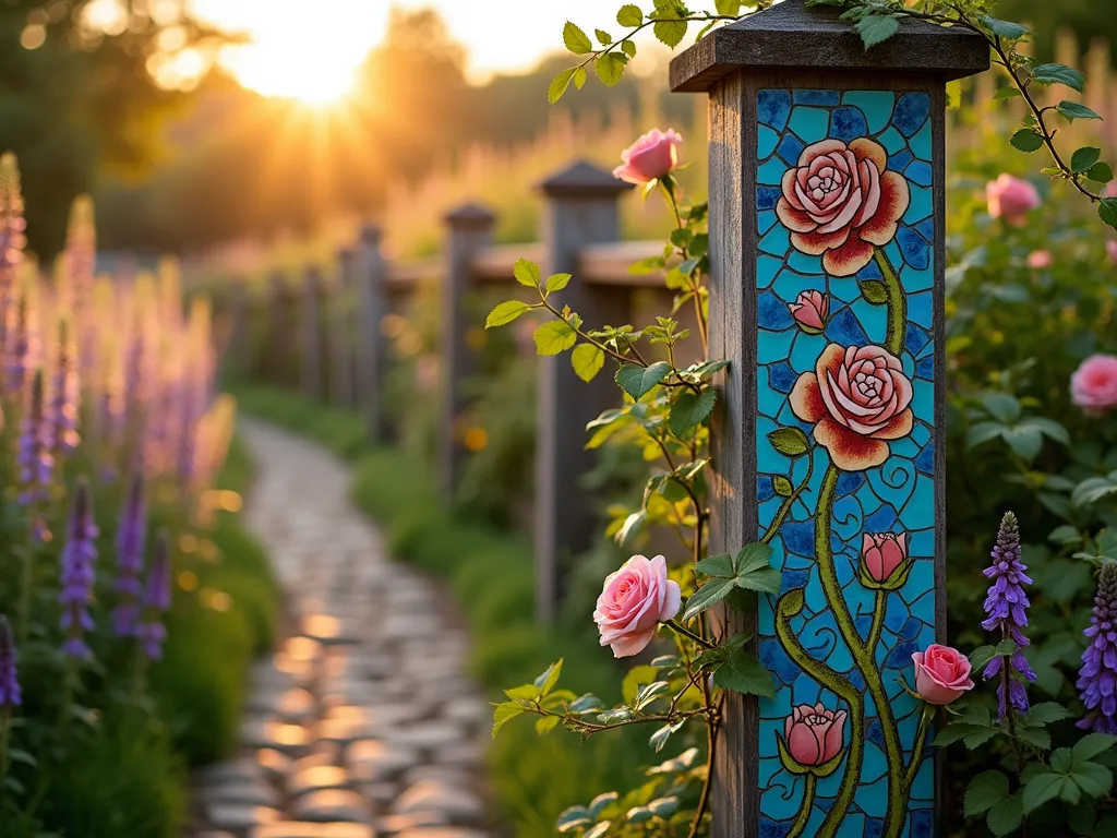 Enchanting Mosaic Tile Fence Posts at Sunset - A close-up view of a charming cottage garden fence post adorned with vibrant mosaic tile work in shades of blue, turquoise, and amber, catching the warm light of sunset. The intricate mosaic pattern features whimsical flower designs and spiraling patterns that wrap around the wooden post. Climbing roses and trailing jasmine partially embrace the post, while a backdrop of cottage garden perennials including lavender, foxgloves, and delphiniums creates a dreamy garden scene. The golden hour lighting casts long shadows across the garden path, highlighting the sparkle and dimension of the mosaic tiles.