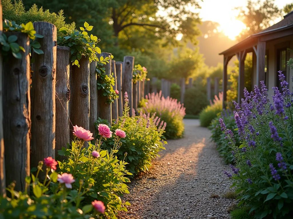 Enchanting Natural Log Garden Border - A rustic cottage garden border at golden hour, featuring vertically arranged natural logs of varying heights (2-4 feet) creating a whimsical boundary. The weathered logs are artfully spaced, with wild English roses and native ferns growing between them. Morning dew glistens on spider webs stretched between the logs, while climbing ivy begins to wind its way up some posts. Shot with a wide-angle lens at f/2.8, capturing the warm evening light filtering through the logs, creating long shadows across a gravel pathway lined with lavender and cottage perennials. Small gaps between logs reveal glimpses of the cottage garden beyond, with bee houses and natural habitats integrated into the log structure.