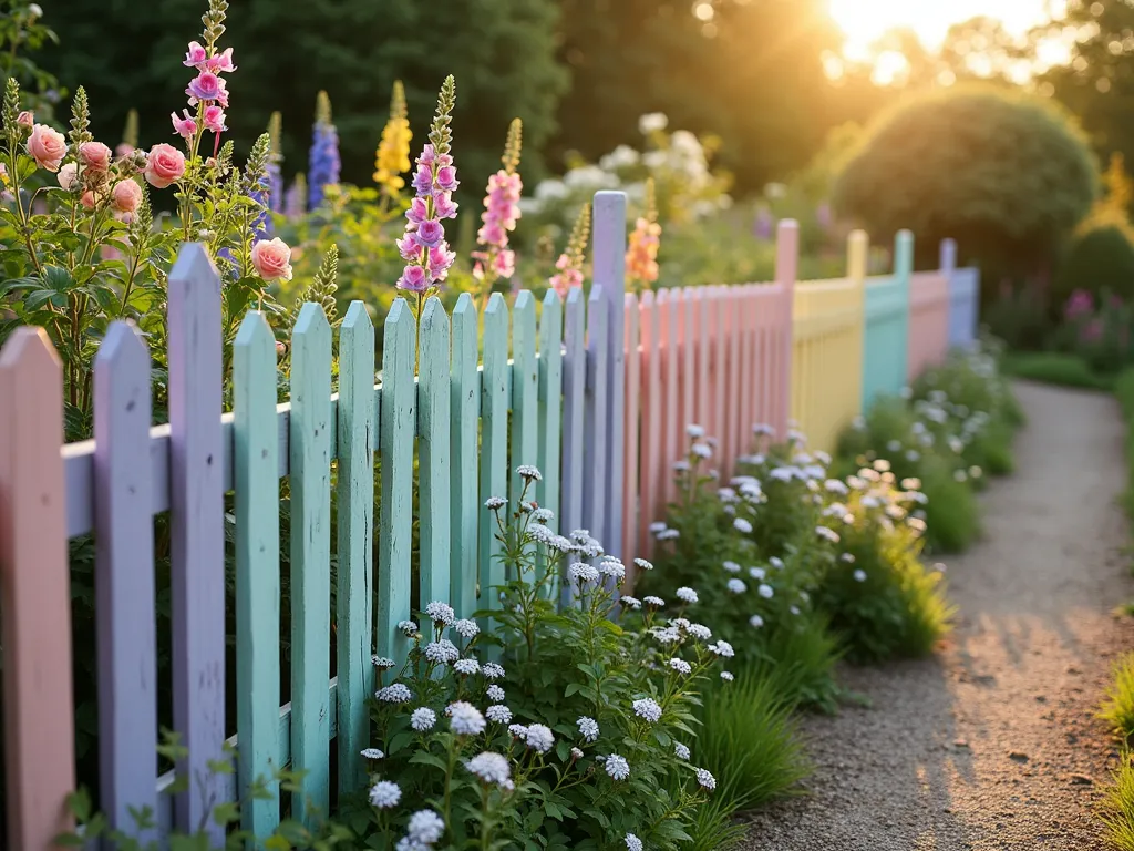 Pastel Rainbow Picket Fence Garden - A charming cottage garden scene at golden hour with a whimsical picket fence where each slat is painted in soft pastel colors including mint green, baby blue, lavender, pale pink, and butter yellow. The fence creates a magical boundary against a lush garden with climbing roses, delphiniums, and foxgloves in the foreground. Captured in a wide-angle perspective showing the full sweep of the rainbow-colored fence, with soft evening sunlight filtering through, casting gentle shadows. The fence is perfectly weathered, giving it a storybook cottage feel, while billowing cottage garden flowers spill over onto the painted pickets. A gravel path leads alongside the fence, dotted with forget-me-nots and daisies.