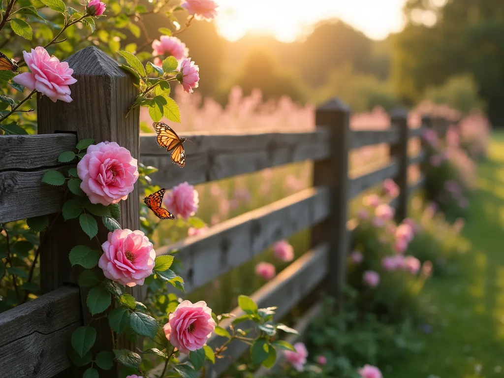 Romantic Split Rail Rose Fence at Golden Hour - A rustic split-rail fence photographed during golden hour, with pink and white climbing roses cascading over weathered wooden rails. Soft evening sunlight filters through the blooms, creating a dreamy atmosphere. The three-rail fence stretches into the distance, forming a natural boundary between a cottage garden filled with lavender and wildflowers. Shot with a wide-angle lens at f/2.8, capturing the depth and romance of the scene with subtle bokeh effect. Dew drops glisten on rose petals, while butterfly shadows dance across the wooden posts. The composition shows both the structural integrity of the traditional fence and the wild, organic beauty of the climbing roses in perfect harmony.