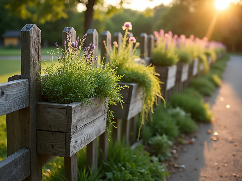 Rustic Post and Rail Herb Garden Fence - A charming rustic post and rail fence with weathered wood texture during golden hour, featuring attached wooden herb planter boxes. The planters overflow with cascading rosemary, thyme, sage, and lavender, creating a fragrant boundary in a cottage garden setting. Early evening sunlight filters through the herbs, casting delicate shadows on the natural wood. Wide-angle shot showing the fence line extending into the distance, with a blooming English cottage garden in the background. Captured with shallow depth of field, emphasizing the fresh herbs in the foreground while maintaining the fence's structural elements.