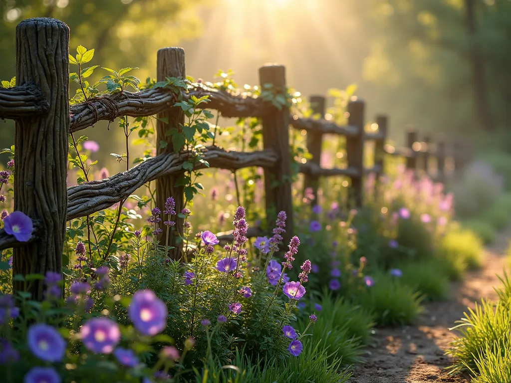 Enchanting Willow Woven Garden Fence - A magical early morning garden scene featuring a beautifully crafted rustic willow fence with branches woven horizontally between weathered wooden posts, captured in soft golden sunlight. The fence spans 8 feet high, creating an enchanting natural boundary. Delicate morning glory vines with purple blooms climb naturally through the woven willow branches, while a carpet of English lavender and cottage roses spreads at its base. Dew drops glisten on the willow weaving, and ethereal morning mist hovers near the ground. The wide-angle perspective shows the fence's gentle curve following a garden path, with the textural detail of the intricate willow weaving visible in the foreground.