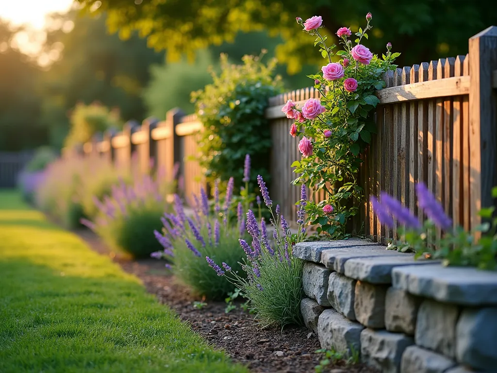 Rustic Stone and Wood Garden Boundary - A charming cottage garden boundary at golden hour featuring a harmonious blend of weathered natural stone wall (2 feet high) topped with rustic wooden fence panels, creating a layered effect. English climbing roses and purple clematis gracefully ascend the wooden panels while lavender and salvias bloom along the base of the stone wall. Shot with a wide-angle perspective capturing the interplay of evening sunlight on the textured surfaces, with a shallow depth of field highlighting the stone and wood craftsmanship. Soft bokeh effect in the background shows blurred cottage garden flowers and ornamental grasses swaying in the breeze. The boundary curves gently, leading the eye through the enchanting garden landscape.