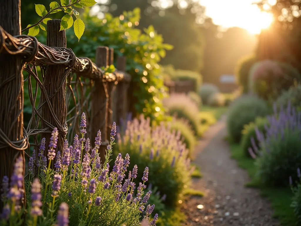 Traditional Wattle Fence at Dawn - A serene cottage garden at dawn, featuring a beautifully handcrafted wattle fence made from intricately woven hazel branches between wooden posts. The fence creates a natural, rustic boundary, stretching along a meandering garden path. Morning dew glistens on the interweaved branches, while climbing roses and clematis begin to embrace the fence. In the foreground, clusters of English lavender and cottage garden perennials sway gently in the morning light. Shot with a wide-angle lens capturing the golden hour glow, with soft bokeh effect highlighting the detailed weaving pattern of the fence. The scene exudes a timeless, traditional English countryside atmosphere with a magical, ethereal quality.